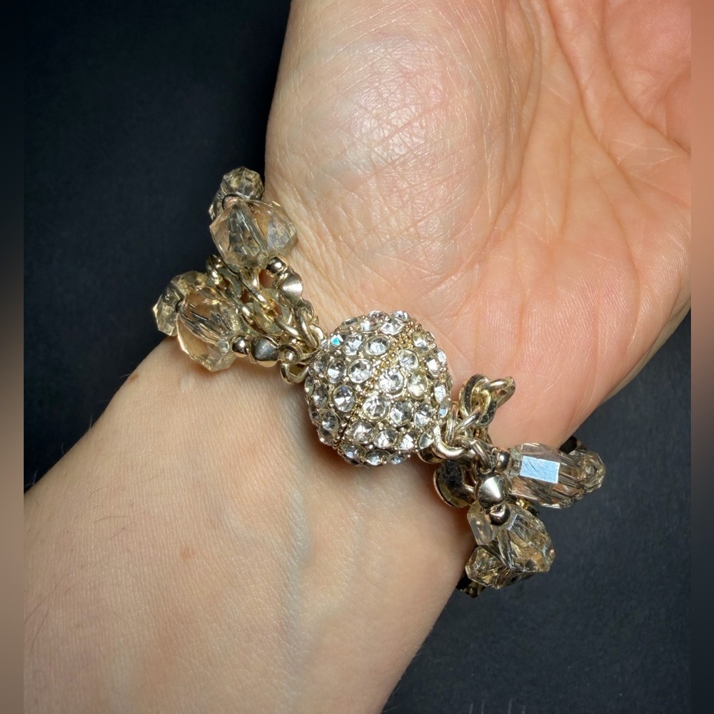 Chunky Gold Tone Faceted Crystal Statement Bracelet w/ Magnetic Clasp